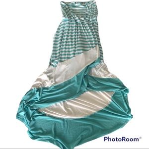 Bebe white blue strapless high low maxi dress